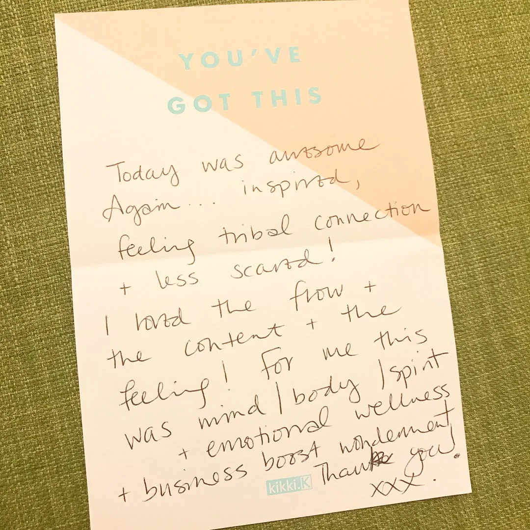 Handwritten thank-you note on a You’ve Got This card describing the morning as mind, body, spirit and emotional wellness plus a business boost