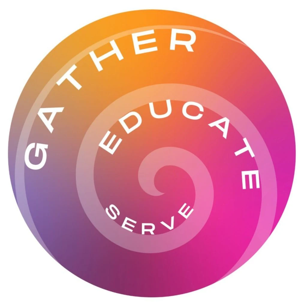 The GATHER, EDUCATE, SERVE spiral mark