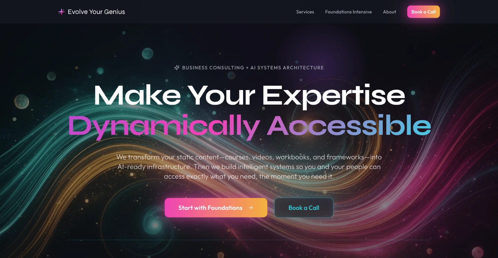 The Evolve Your Genius website: business consulting and AI systems architecture